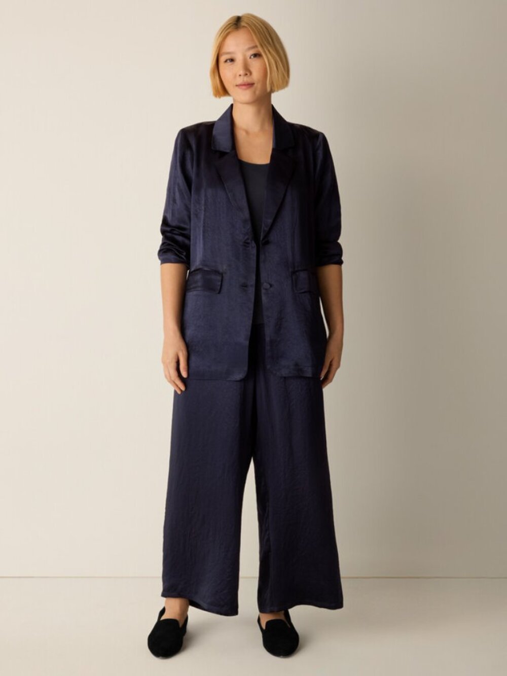 Eileen Fisher Navy Satin-Look Relaxed Blazer - Picture 5 of 6